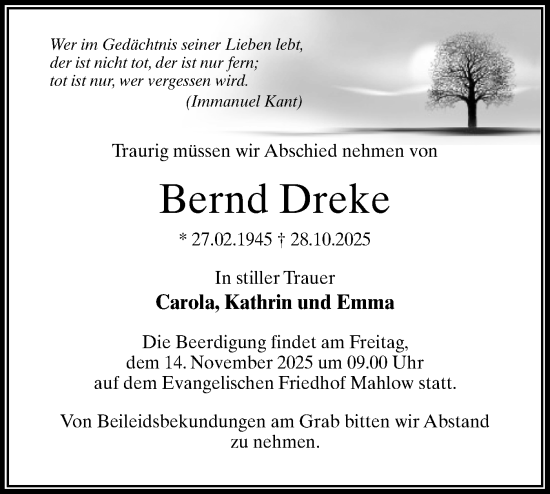 Traueranzeige von Bernd Dreke von Blickpunkt Ludwigsfelde/Zossen