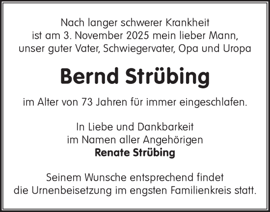 Traueranzeige von Bernd Strübing von Blickpunkt Königs Wusterhausen