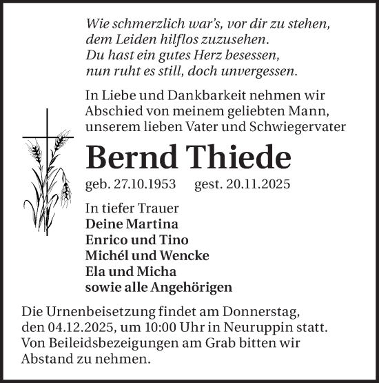 Traueranzeige von Bernd Thiede von Märkische Oderzeitung