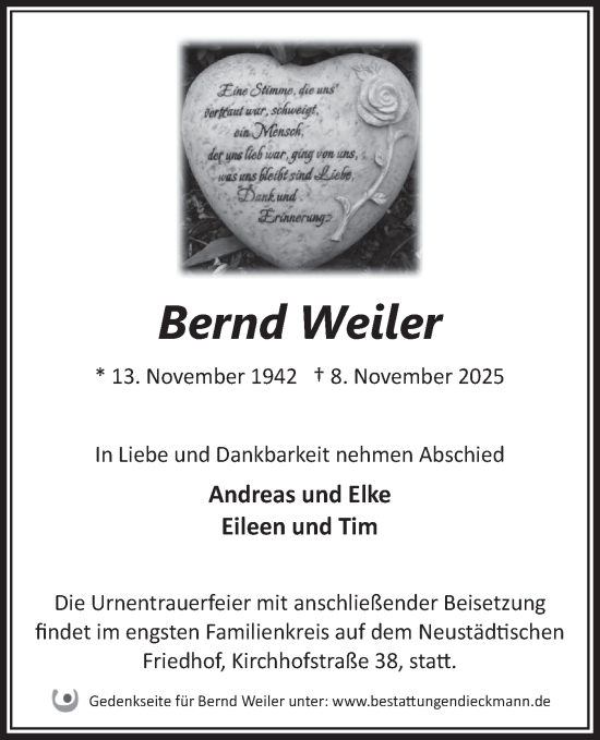 Traueranzeige von Bernd Weiler von Märkische Oderzeitung