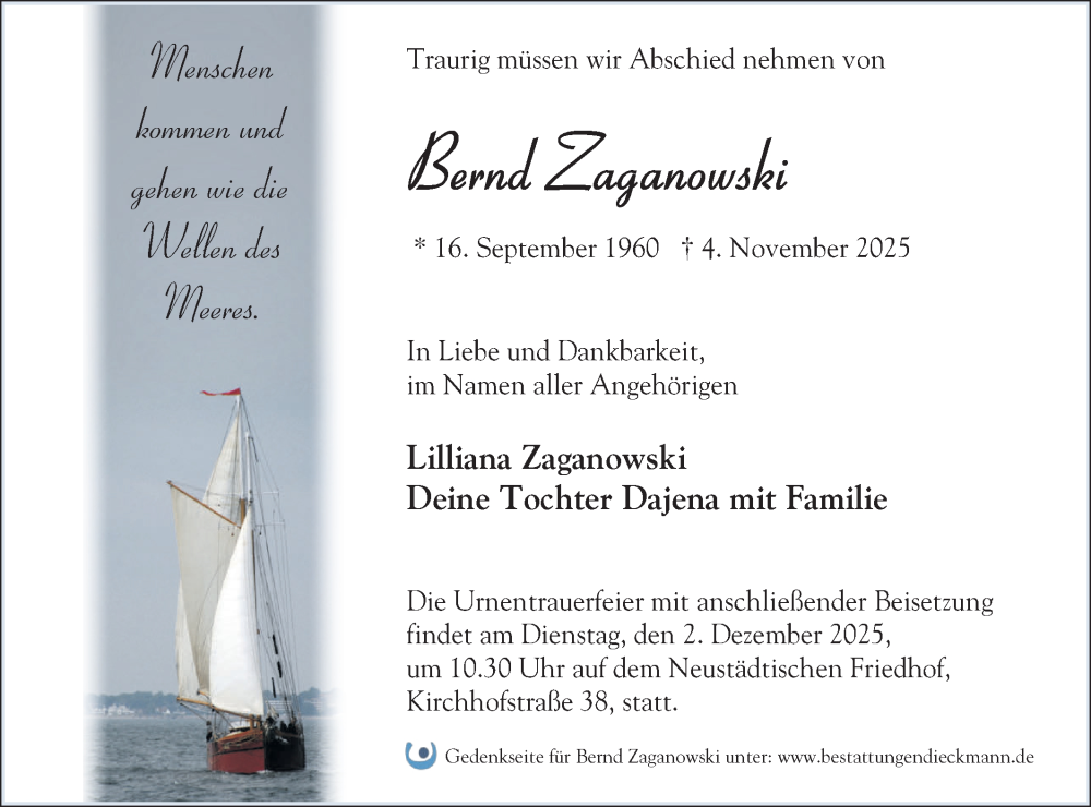  Traueranzeige für Bernd Zaganowski vom 22.11.2025 aus Märkische Oderzeitung