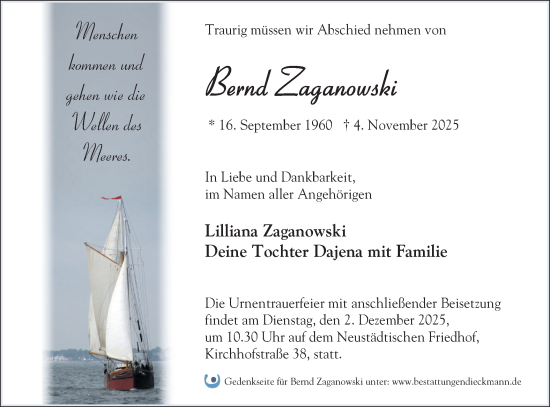 Traueranzeige von Bernd Zaganowski von Märkische Oderzeitung