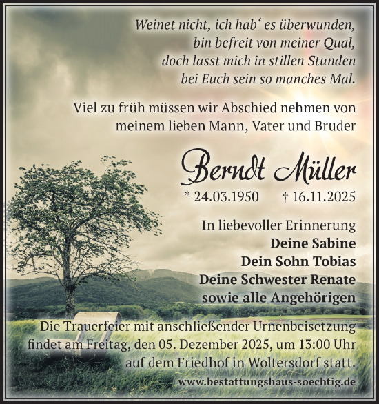 Traueranzeige von Berndt Müller von Märkische Oderzeitung