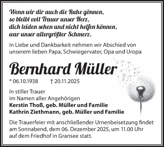 Traueranzeige von Bernhard Müller von Märkische Oderzeitung