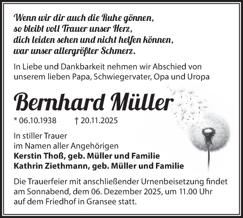  Traueranzeige für Bernhard Müller vom 29.11.2025 aus Märkische Oderzeitung