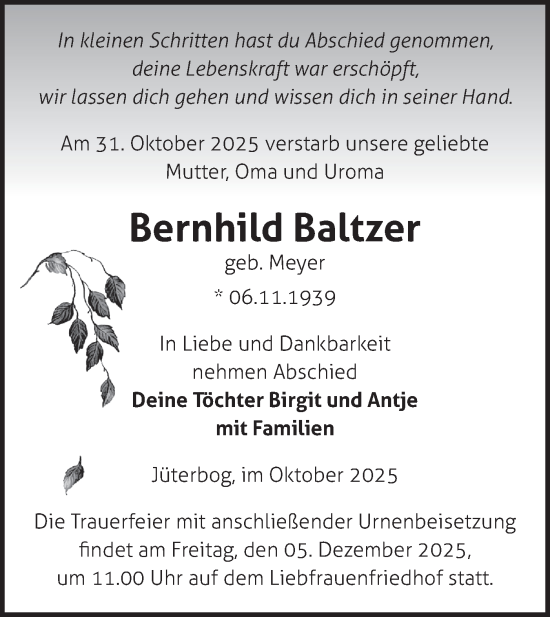 Traueranzeige von Bernhild Baltzer von Blickpunkt Jüterbog/Luckenwalde
