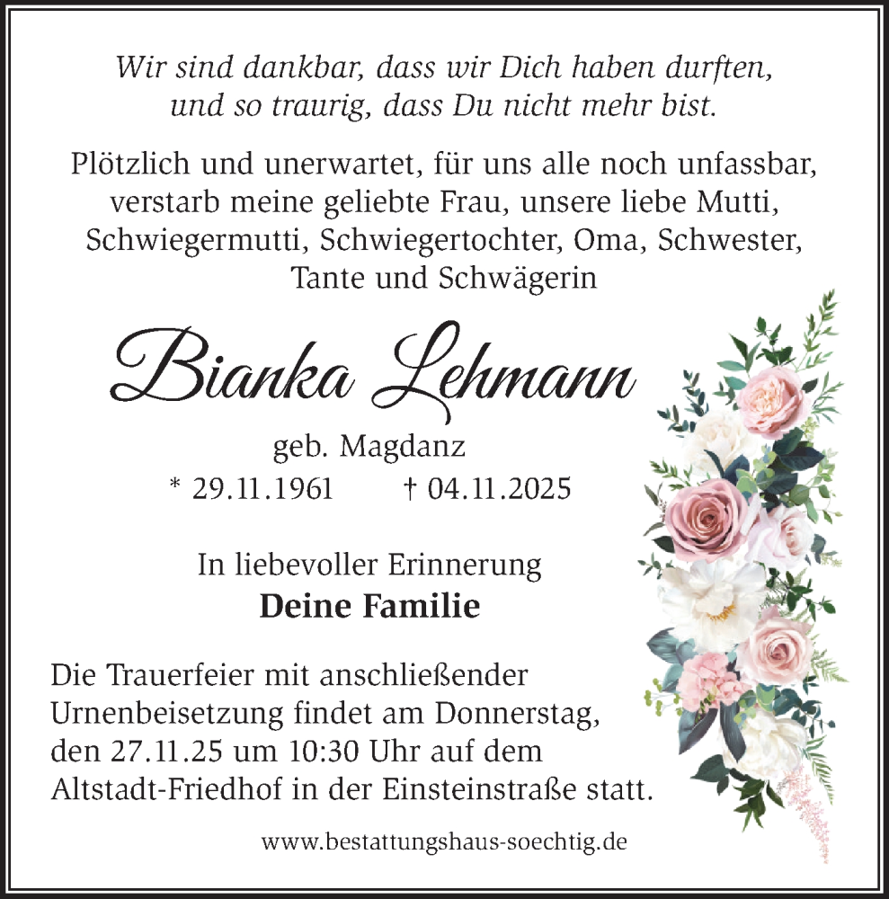  Traueranzeige für Bianka Lehmann vom 15.11.2025 aus Märkische Oderzeitung