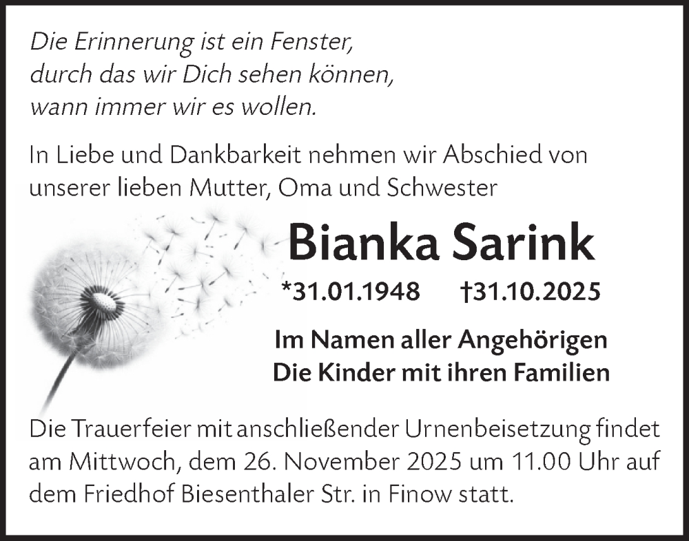  Traueranzeige für Bianka Sarink vom 15.11.2025 aus Märkische Oderzeitung