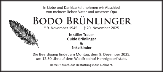 Traueranzeige von Bodo Brünlinger von Märkische Oderzeitung