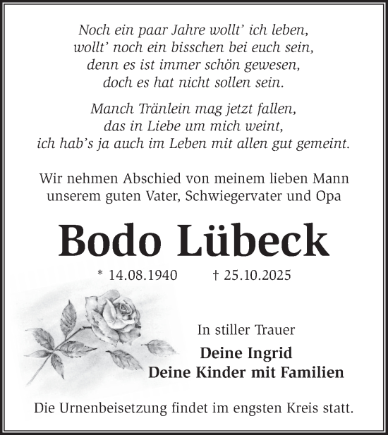 Traueranzeige von Bodo Lübeck von Märkische Oderzeitung