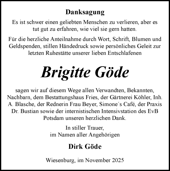 Traueranzeige von Brigitte Göde von Märkische Oderzeitung