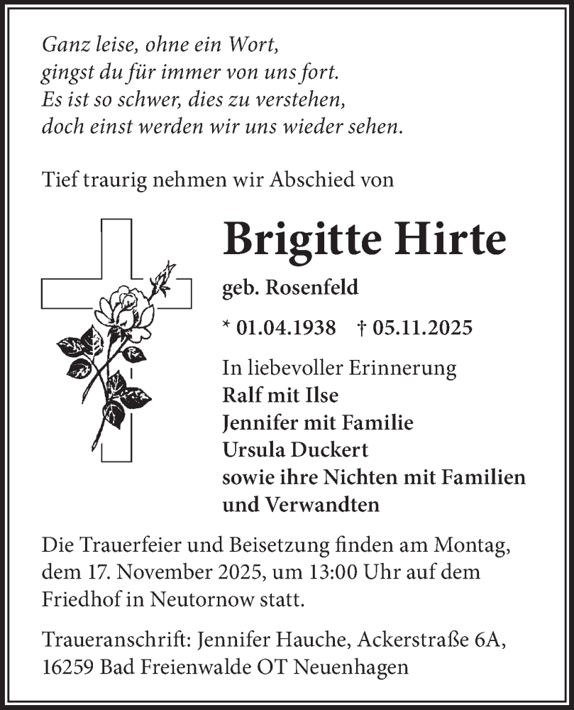  Traueranzeige für Brigitte Hirte vom 08.11.2025 aus MO Oderld.-Echo