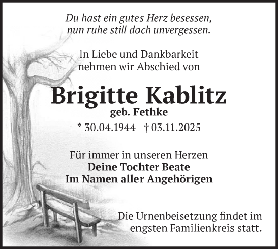 Traueranzeige von Brigitte Kablitz von Blickpunkt Ludwigsfelde/Zossen