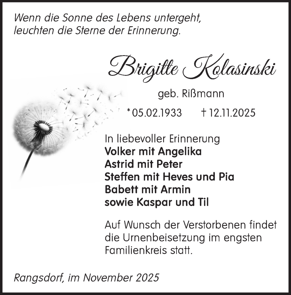 Traueranzeige für Brigitte Kolasinski vom 22.11.2025 aus Blickpunkt Ludwigsfelde/Zossen