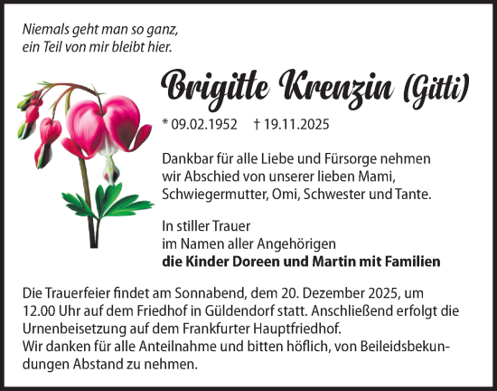 Traueranzeige von Brigitte Krenzin von MO Oderld.-Echo