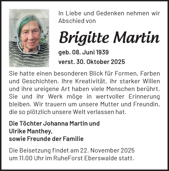 Traueranzeige von Brigitte Martin von MO Uckerm.-Anz.
