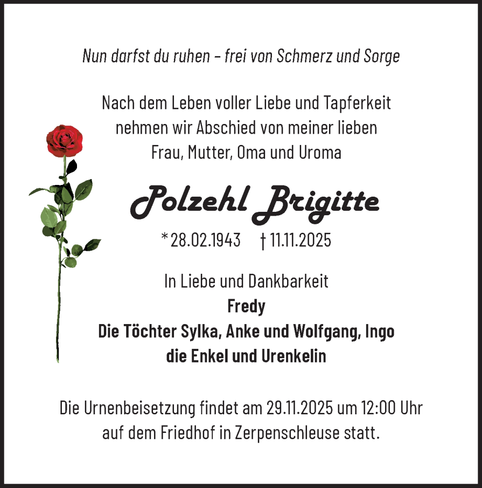  Traueranzeige für Brigitte Polzehl vom 22.11.2025 aus Märkische Oderzeitung