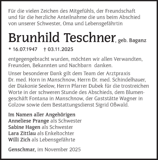 Traueranzeige von Brunhild Teschner von MO Oderld.-Echo