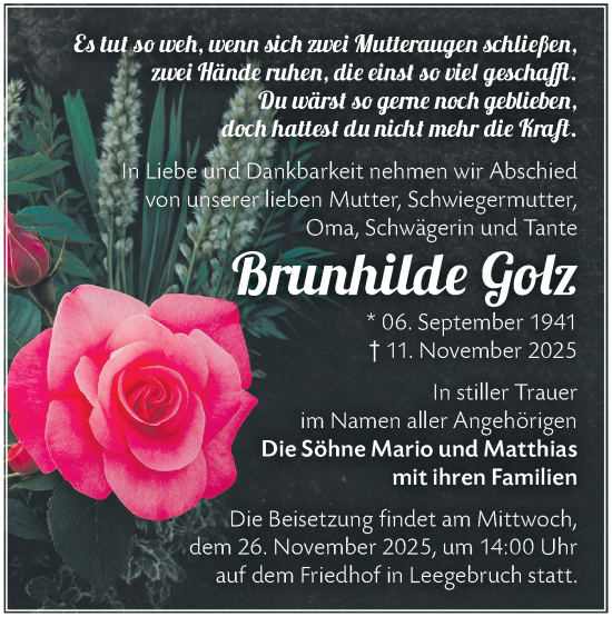 Traueranzeige von Brunhilde Golz von Märkische Oderzeitung