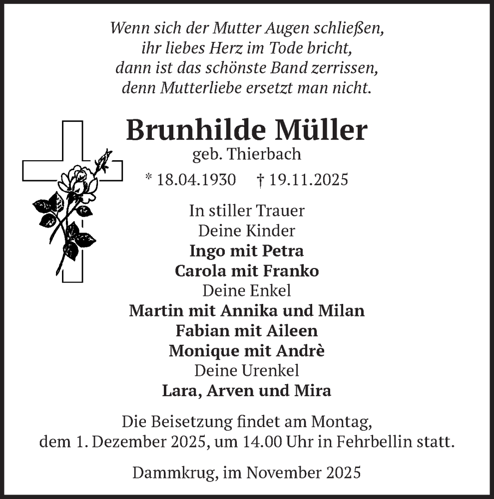  Traueranzeige für Brunhilde Müller vom 22.11.2025 aus Märkische Oderzeitung