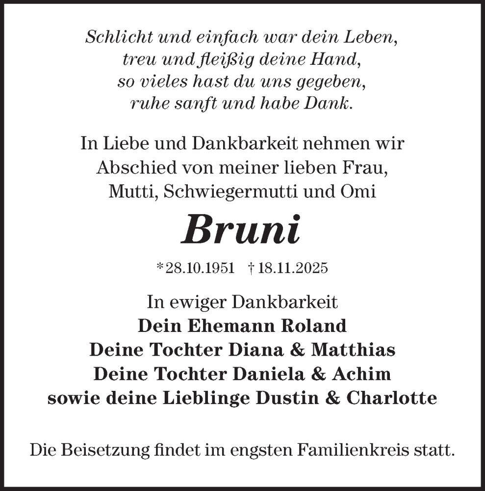  Traueranzeige für Bruni  vom 29.11.2025 aus MO Oderld.-Echo