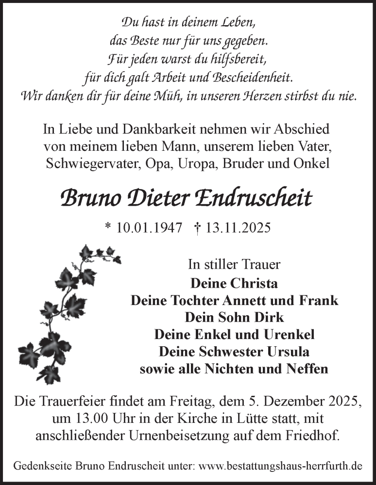  Traueranzeige für Bruno Dieter Endruscheit vom 22.11.2025 aus Märkische Oderzeitung