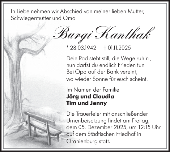 Traueranzeige von Burgi Kanthak von Märkische Oderzeitung