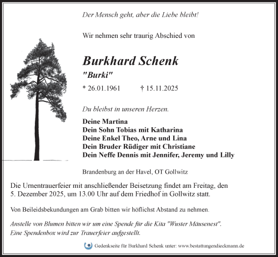 Traueranzeige von Burkhard Schenk von Märkische Oderzeitung