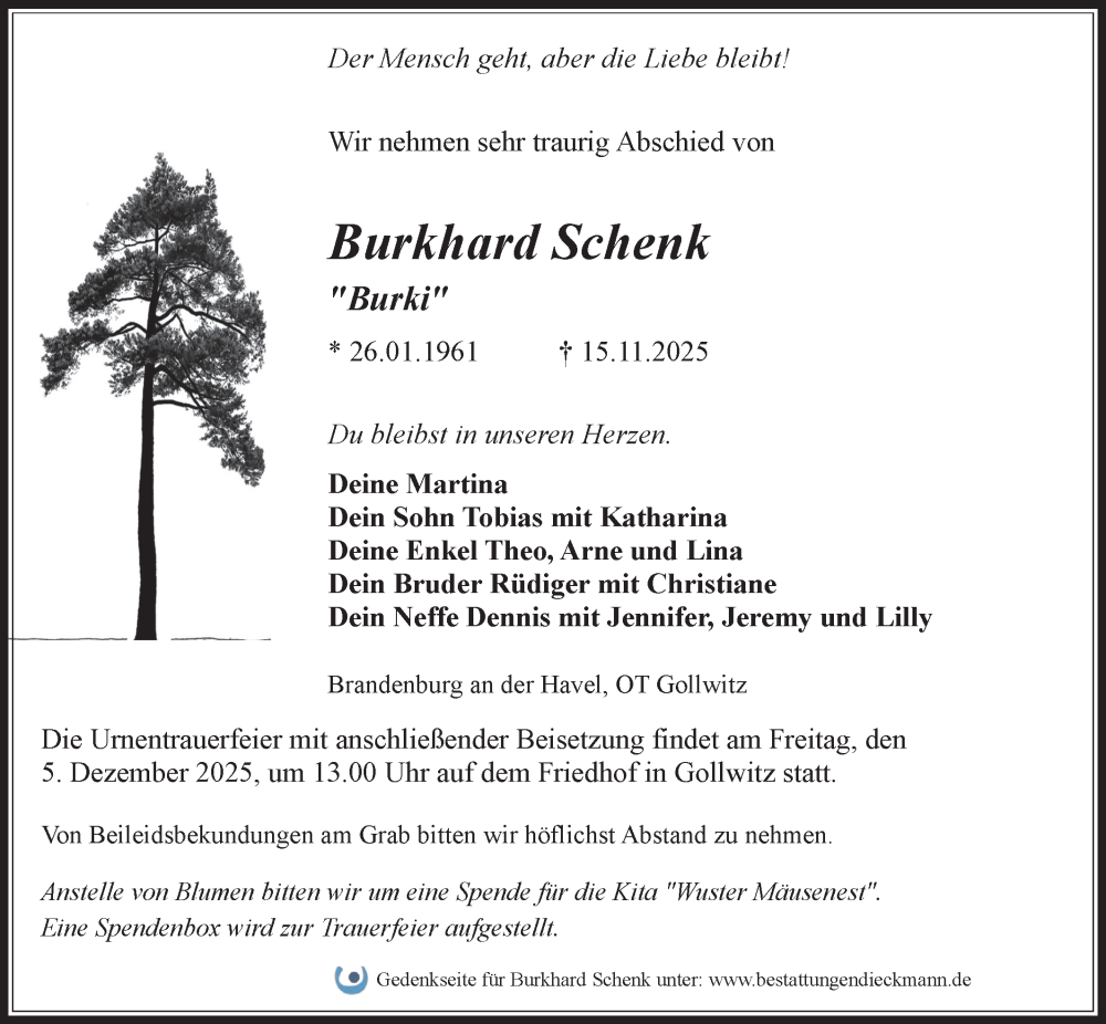  Traueranzeige für Burkhard Schenk vom 29.11.2025 aus Märkische Oderzeitung