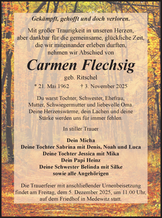 Traueranzeige von Carmen Flechsig von Märkische Oderzeitung