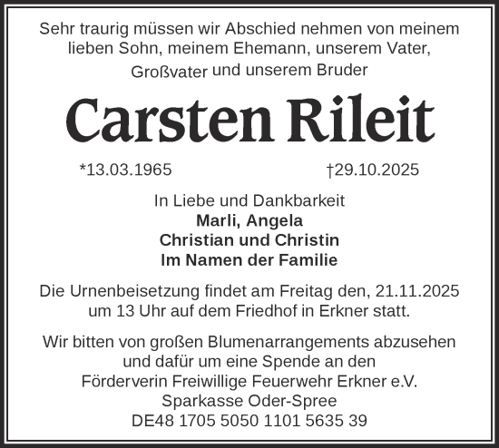 Traueranzeige von Carsten Rileit von Märkische Oderzeitung