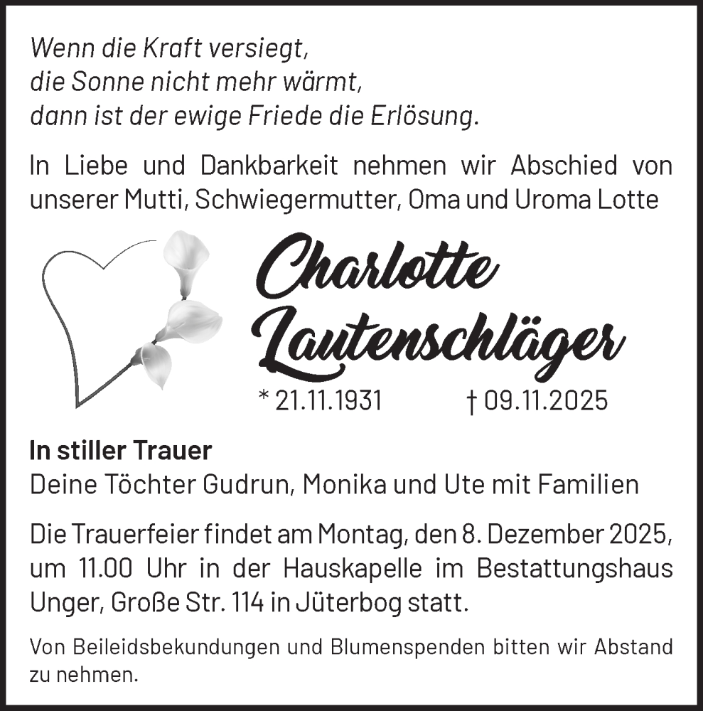  Traueranzeige für Charlotte Lautenschläger vom 22.11.2025 aus Blickpunkt Jüterbog/Luckenwalde