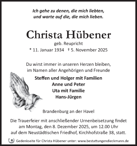 Traueranzeige von Christa Hübener von Märkische Oderzeitung