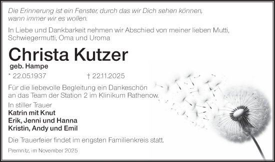 Traueranzeige von Christa Kutzer von Märkische Oderzeitung