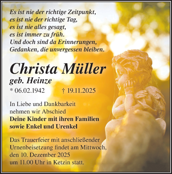 Traueranzeige von Christa Müller von Märkische Oderzeitung
