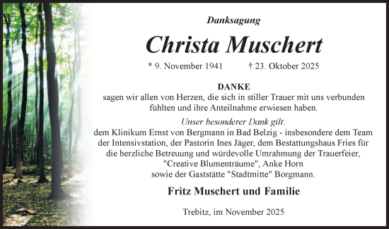 Traueranzeige von Christa Muschert von Blickpunkt Jüterbog/Luckenwalde
