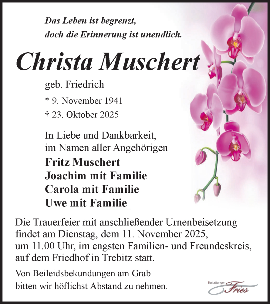  Traueranzeige für Christa Muschert vom 01.11.2025 aus Märkische Oderzeitung
