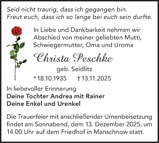 Traueranzeige von Christa Peschke von MO Oderld.-Echo