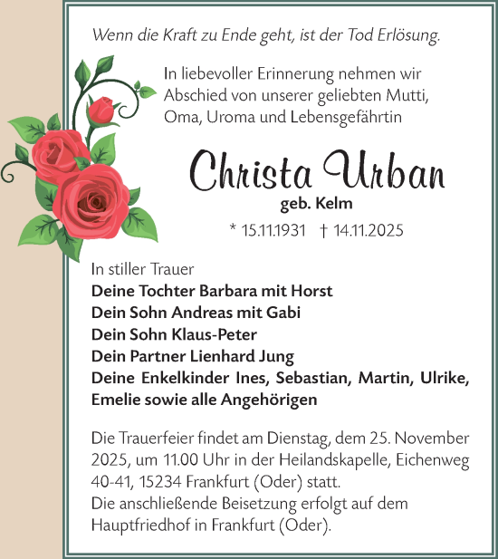 Traueranzeige von Christa Urban von MO Oderld.-Echo