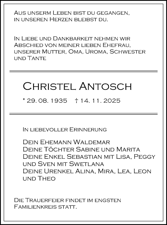 Traueranzeige von Christel Antosch von Blickpunkt Königs Wusterhausen
