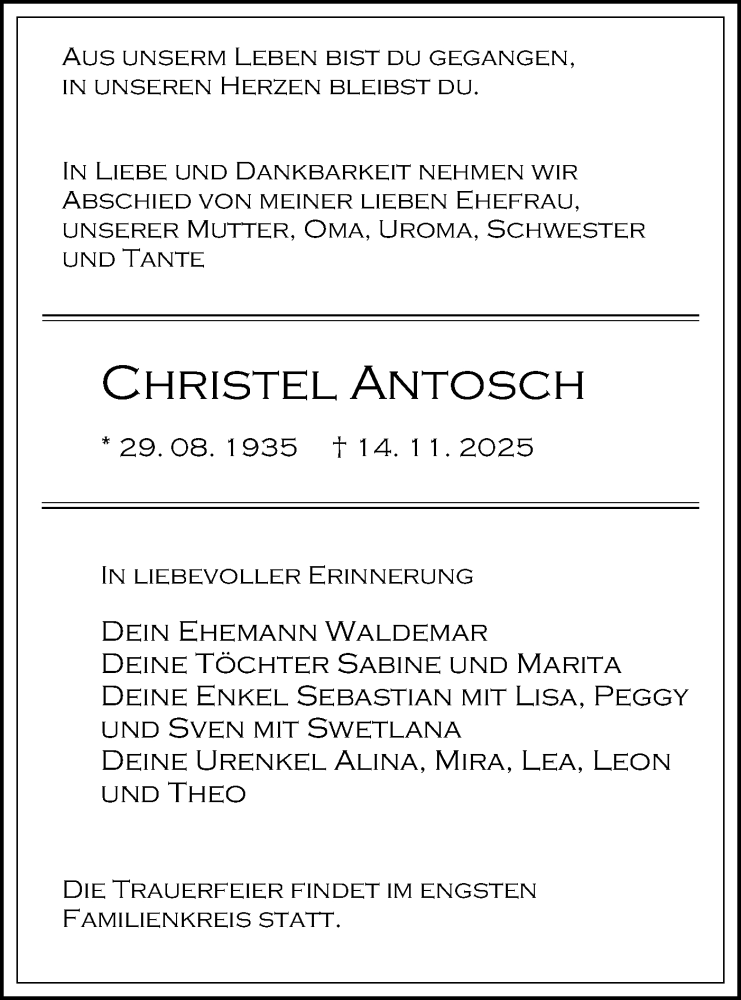  Traueranzeige für Christel Antosch vom 22.11.2025 aus Blickpunkt Königs Wusterhausen