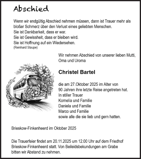 Traueranzeige von Christel Bartel von Märkische Oderzeitung