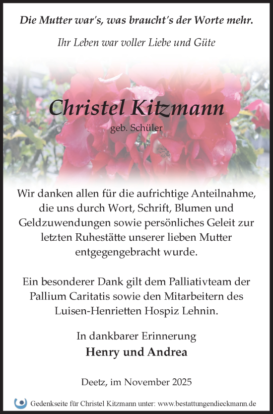 Traueranzeige von Christel Kitzmann von Märkische Oderzeitung