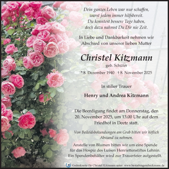 Traueranzeige von Christel Kitzmann von Märkische Oderzeitung