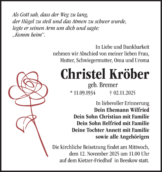 Traueranzeige von Christel Kröber von Märkische Oderzeitung