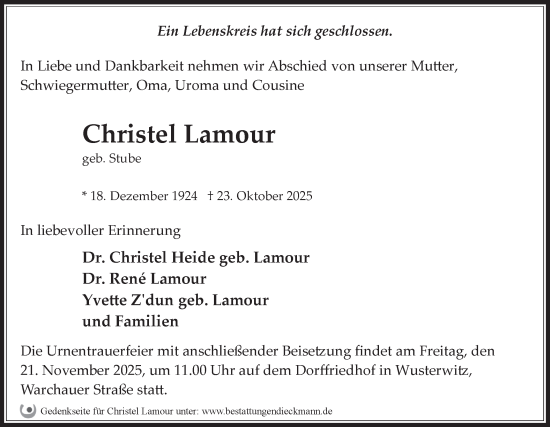 Traueranzeige von Christel Lamour von Märkische Oderzeitung
