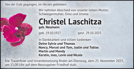 Traueranzeige von Christel Laschitza von Märkische Oderzeitung