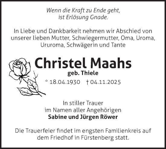 Traueranzeige von Christel Maahs von Märkische Oderzeitung