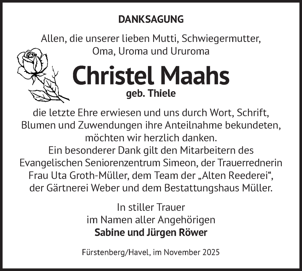  Traueranzeige für Christel Maahs vom 26.11.2025 aus Märkische Oderzeitung