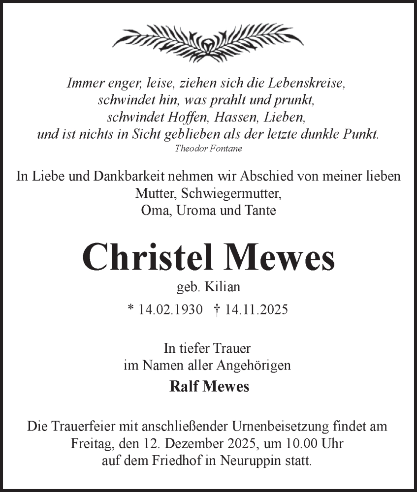  Traueranzeige für Christel Mewes vom 29.11.2025 aus Märkische Oderzeitung